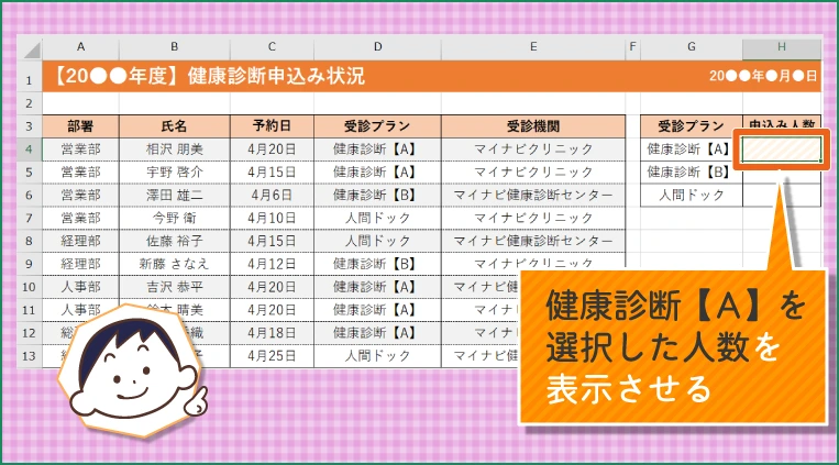 健康診断【A】を選択した人数を表示させてみよう