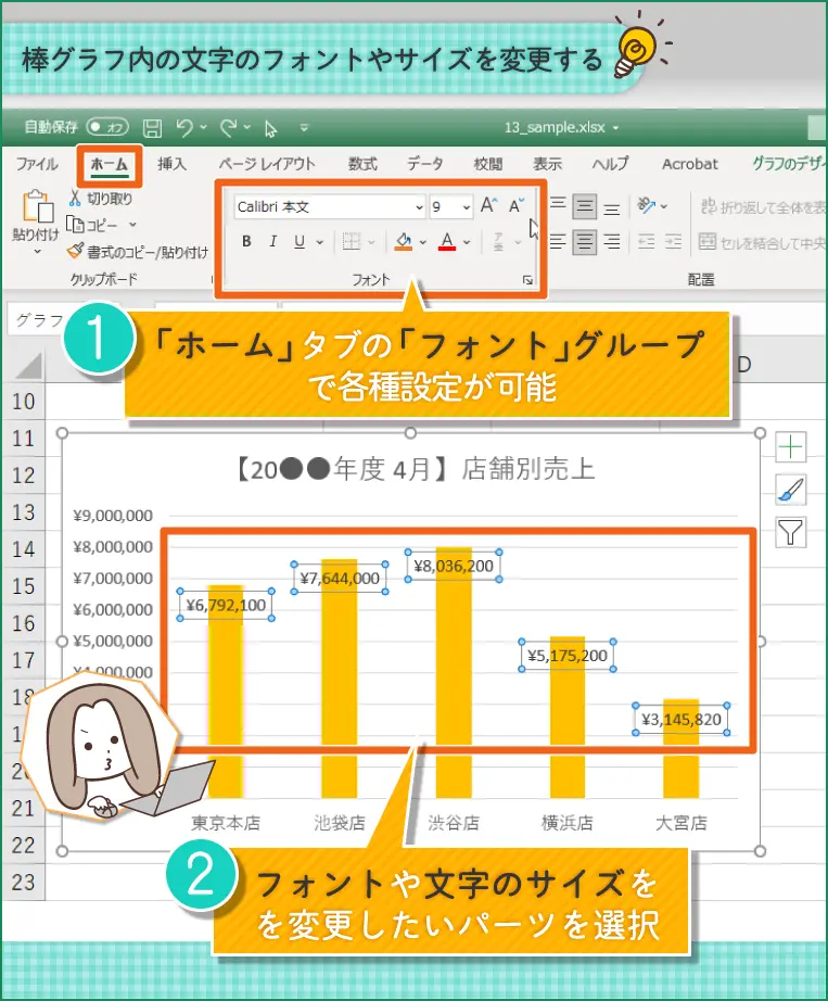 棒グラフ内の文字のフォントやサイズを変更する